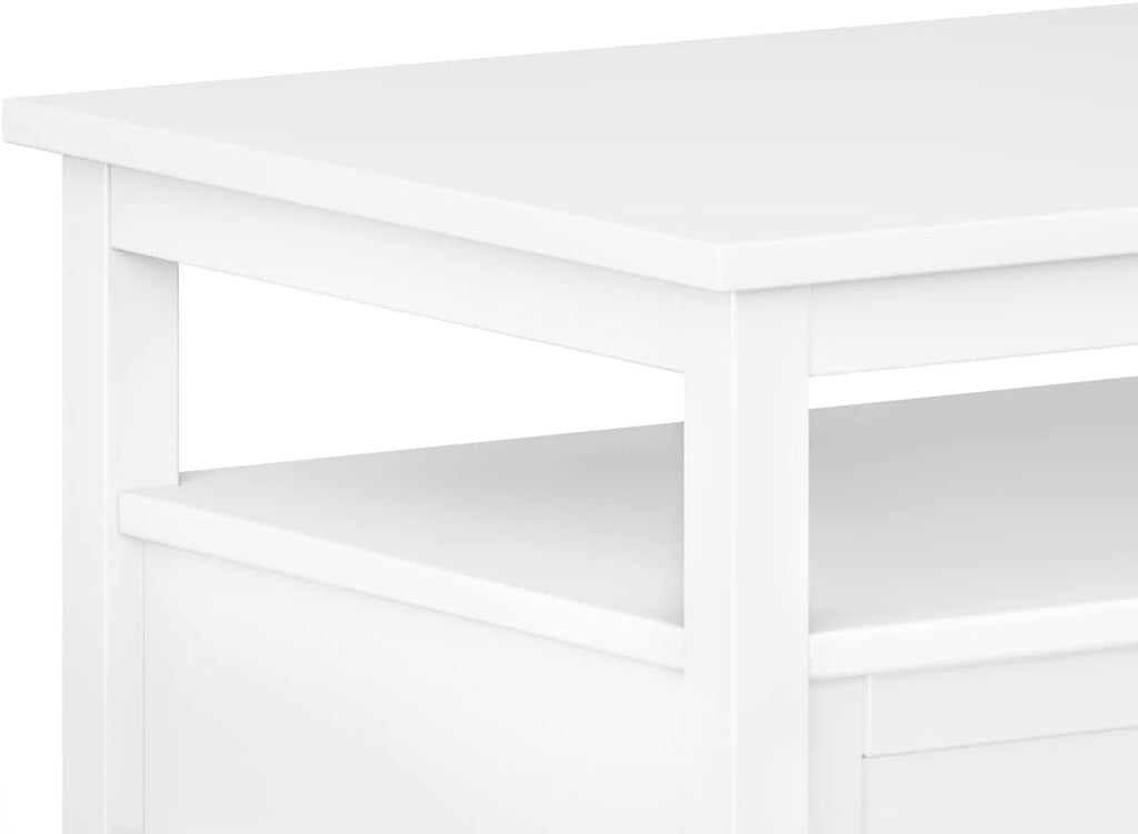 SIMPLIHOME Warm Shaker Coffee Table - 48 inch Wide Solid Wood Coffee Table in White, Transitional Living Room Table with 2 Drawers, Open Shelf, Shaker Fronts and Tapered Legs