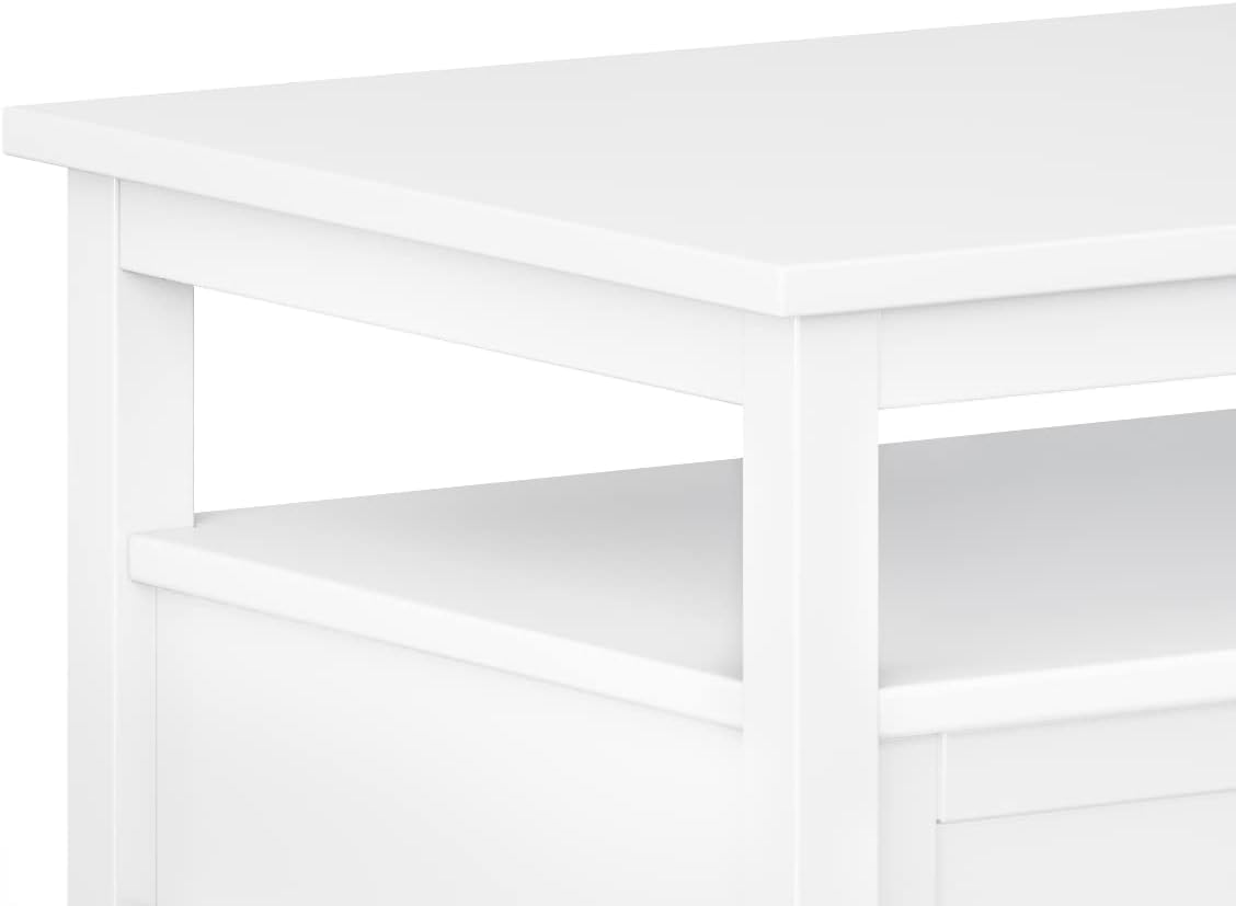 SIMPLIHOME Warm Shaker Coffee Table - 48 inch Wide Solid Wood Coffee Table in White, Transitional Living Room Table with 2 Drawers, Open Shelf, Shaker Fronts and Tapered Legs