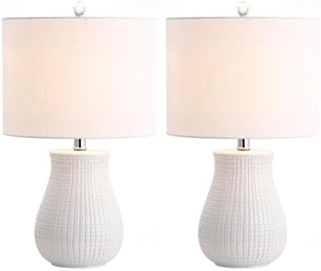 SAFAVIEH Lighting Collection – Dayton Set of 2 White Ceramic Table Lamps with Chrome Accents, 21-Inch Bedroom or Living Room Lamps, LED Bulbs Included (TBL4140A-SET2)