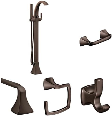 Moen Voss 695ORB Floor Mount Tub Filler with Handshower & Bathroom Hardware Set - Double Post TP Holder, Double Robe Hook, Towel Ring & 24-Inch Towel Bar, Oil-Rubbed Bronze