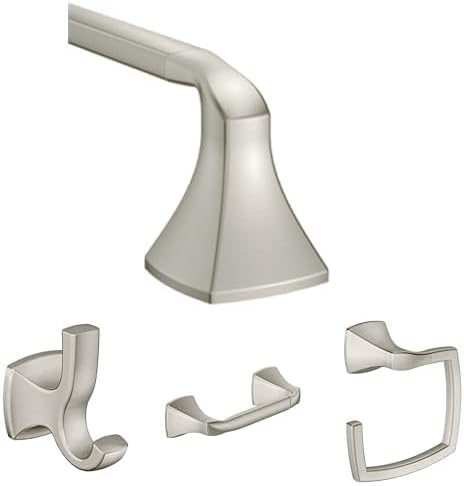 Bundle of Moen Voss Brushed Nickel 18-Inch Towel Bar, YB5118BN + Double Robe Hook, YB5103BN + Pivoting Toilet Paper Holder, YB5108BN + Hand Towel Ring, YB5186BN