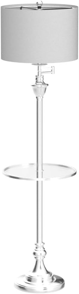 JONATHAN Y 60' Chrome Floor Lamp with Integrated Glass Side Table, Modern Swing Arm Standing Lamp for Living Room, White Linen Shade, LED Bulb Included (JYL3055B)