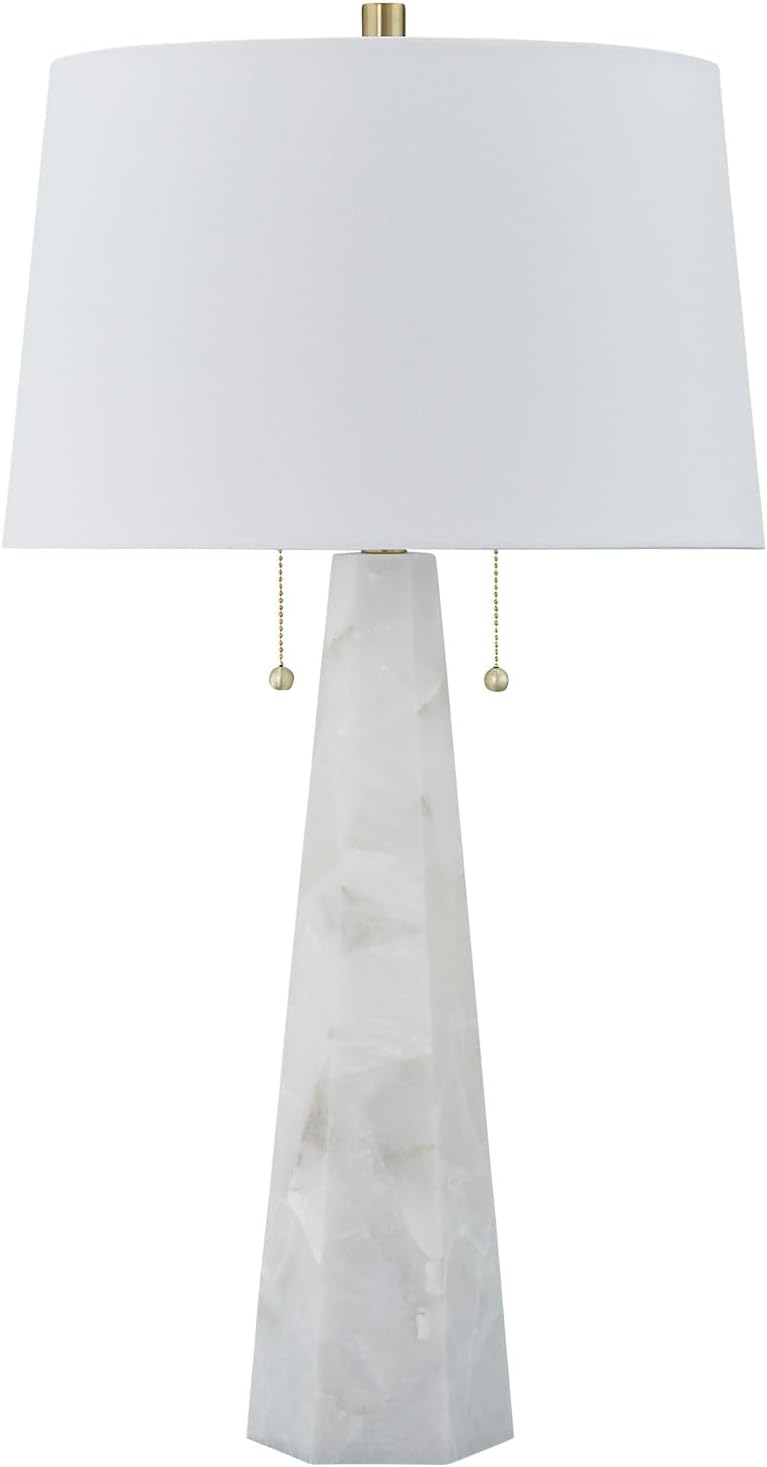 Signature Design by Ashley Laurellen Contemporary Table Lamp with 2 Sockets and Pull Chain Switch, Fabric Shade, Resin and Alabaster, 23.25' High, White