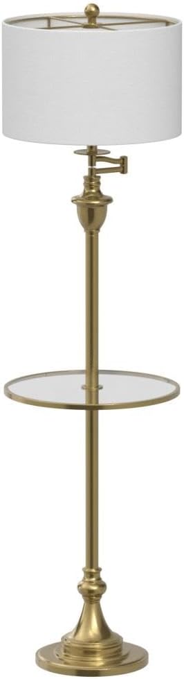 JONATHAN Y 60' Brass Gold Floor Lamp with Integrated Glass Side Table, Modern Swing Arm Standing Lamp for Living Room, White Linen Shade, LED Bulb Included JYL3055A