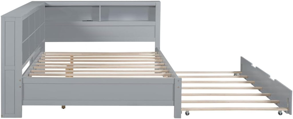 Full Size Daybed with Storage Bookcase, Twin Trundle and Charging Station, Wooden Platform Bed with Bookshelf for Kids Boys Girls, Grey