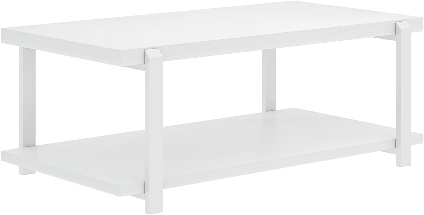 FOLUBAN White Coffee Table, Modern Rustic Wood and Metal Center Table with Storage Shelf, Rectangle Cocktail Tea Table for Living Room, 42 Inch
