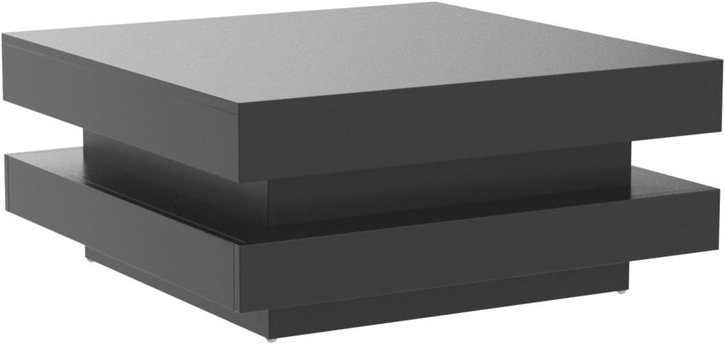 Merax Modern Minimalist Design High Gloss 31.5 x 31.5 inch 2-Tier Square Coffee Table with Plug-in 16-Color LED Lights for Living Room, Black