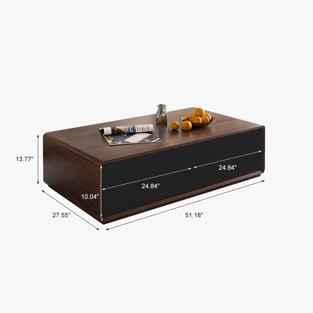 POVISON Modern Coffee Table for Living Room, 51 inch Square Coffee Table with Storage, 4-Drawers Wood Table, Full-Assembled, Walnut and Black