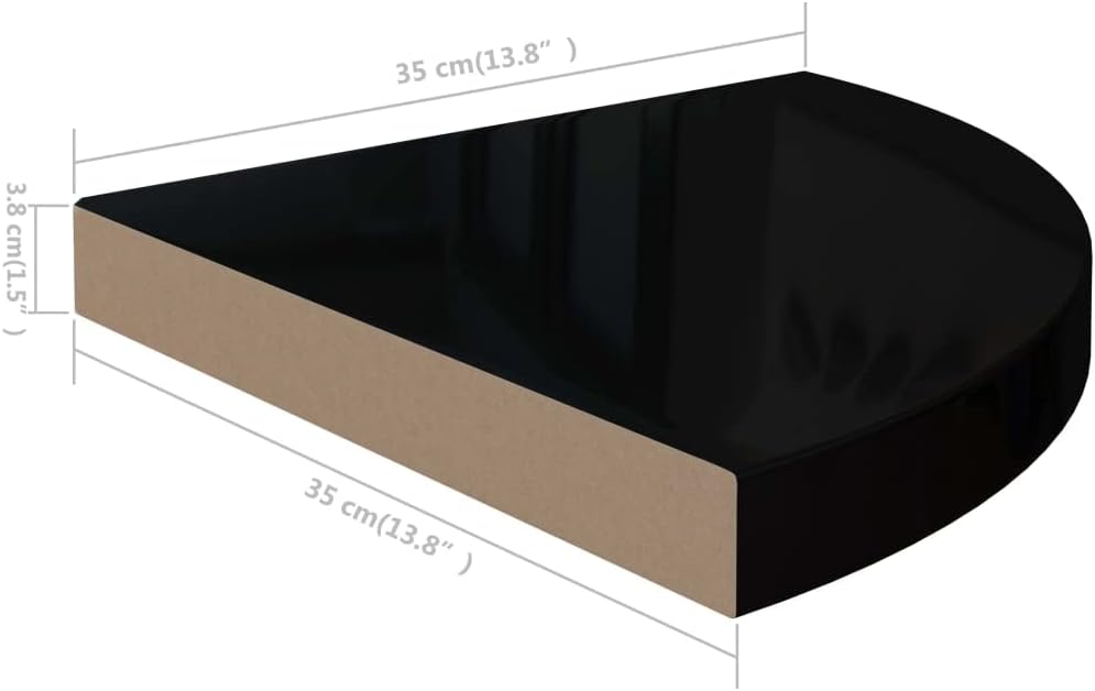 Floating Corner Shelf Set of 4 High Gloss Black 13.8 x 13.8 x 1.5 in Triangular Wall Shelves Honeycomb MDF Modern Display Space-Saving for Living Room Bedroom Office