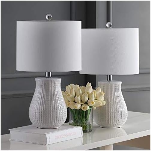 SAFAVIEH Lighting Collection – Dayton Set of 2 White Ceramic Table Lamps with Chrome Accents, 21-Inch Bedroom or Living Room Lamps, LED Bulbs Included (TBL4140A-SET2)
