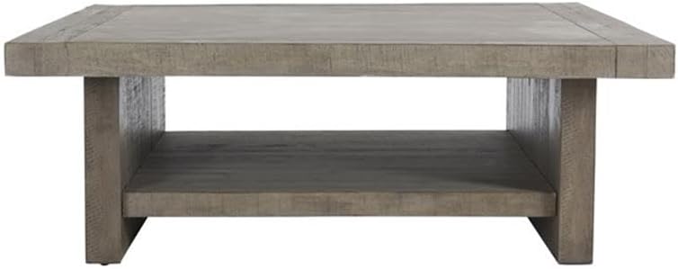 Pemberly Row 50' Square Wood Coffee Table, Antique Gray Finish, Reclaimed Wood Frame with Concrete Laminate Top, Open Shelf Design, Transitional Style Living Room Centerpiece or Storage Table
