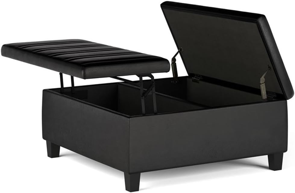 SIMPLIHOME Ellis 36 inch Wide Contemporary Square Coffee Table Storage Ottoman in Distressed Black Vegan Faux Leather, Assembled, for the Living Room and Bedroom