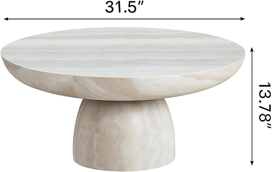 31.5' Modern Faux Marble Coffee Table, Round Stone Coffee Table with Cylindrical Leg, Fiberglass Drum Circle Center Table, Sofa Side End Tables for Living Room Apartment Home Cocktail Tea