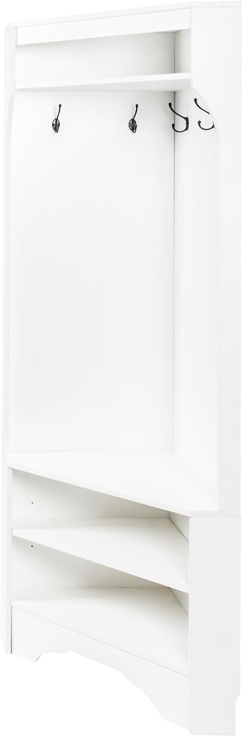 Corner Hall Tree, Versatile Wood Hall Tree with Shoe Bench & 4 Hooks, Modern Coat Rack Corner Cabinet with Adjustable Shelf for Hallway, Entryway, Bedroom,Living Room, White