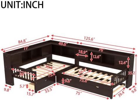 CITYLIGHT Classic L-Shaped Daybed with Trundle, Twin Size Corner Bed with Drawer & Shelves, Wooden Twin Bed Frame with Storage Headboard for 3 (Espresso)