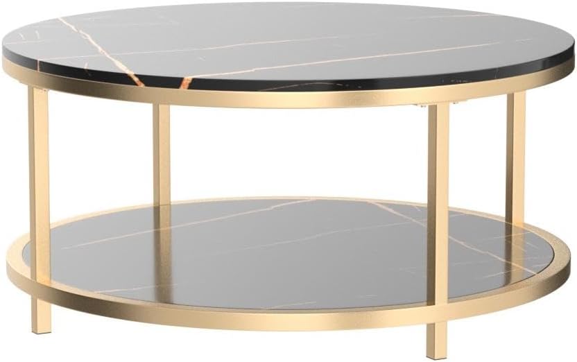 WiberWi Round Coffee Table 33.5' Coffee Tables for Living Room High Glossy Faux Balck Marble Top Modern Circle Table Sturdy Gold Metal Frame Legs Cocktail Table with Storage Open Shelf