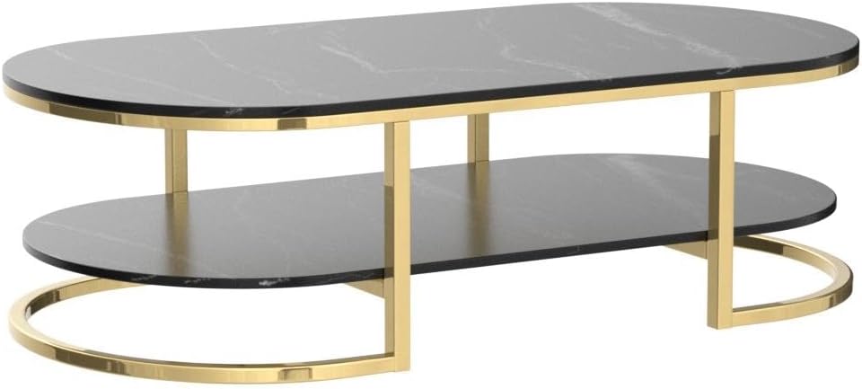 LITFAD Modern Oval Faux Marble Coffee Table with Gold Metal Frame Living Room Table with Shelf Cocktail Table - Shelves Included 18' H x 39.5' L x 19.5' W Black