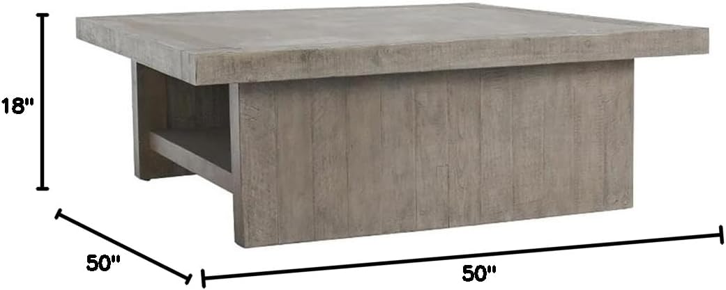 Pemberly Row 50' Square Wood Coffee Table, Antique Gray Finish, Reclaimed Wood Frame with Concrete Laminate Top, Open Shelf Design, Transitional Style Living Room Centerpiece or Storage Table