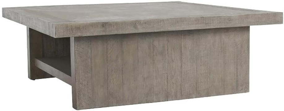Pemberly Row 50' Square Wood Coffee Table, Antique Gray Finish, Reclaimed Wood Frame with Concrete Laminate Top, Open Shelf Design, Transitional Style Living Room Centerpiece or Storage Table