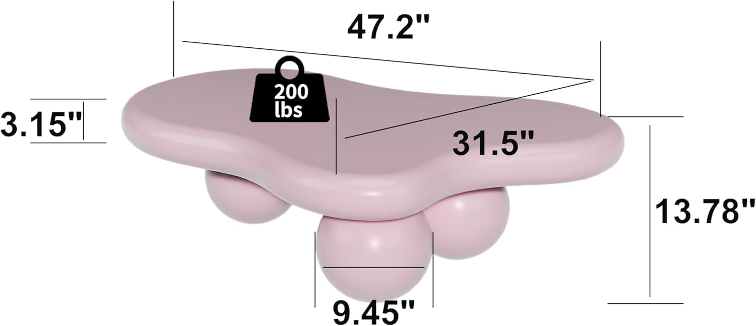 47' Cloud Coffee Table for Living Room Irregular Coffee Table Modern Unique Coffee Tables Cute Center Table with 3 Ball Legs for Small Space Apartment Cream Pink