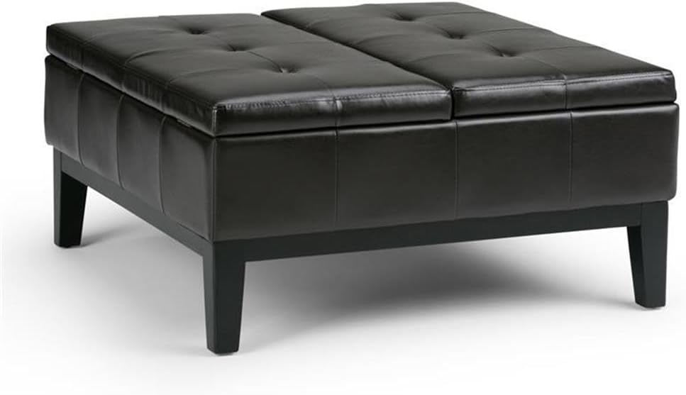 Pemberly Row Mid Century Faux Leather Storage Ottoman with Lift Top, Square Coffee Table for Living Room with Large Storage Space, Dark Brown Button Tufted Upholstered Footrest with Wood Legs