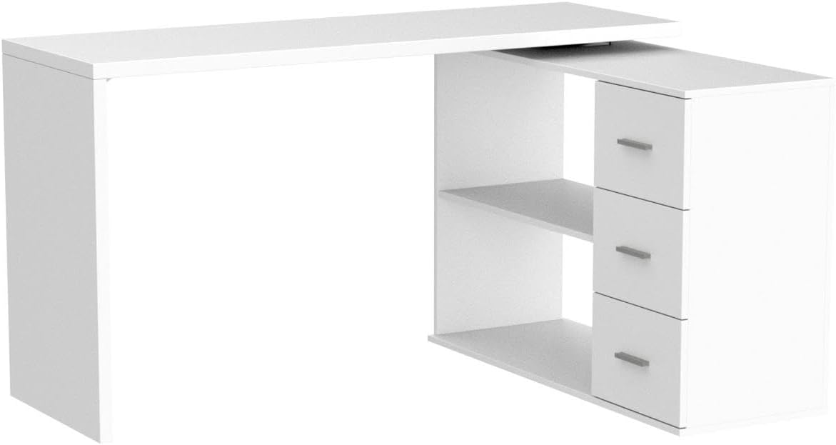 HSH L Shaped Office Desk with Drawers Shelves 55-76 Inch, Corner Computer Desk with Storage 360 Rotating Long for Work, Executive, Study, Writing, Teacher, Bedroom Modern Gaming Table White