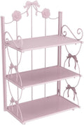 BOOMALTU Cute 3-Tier Folding Metal Shelving Bathroom Shelf,Pink Bookshelf with Bow and Flowers Decor for Storage and Display in Living Room, Bathroom, Office, Kitchen