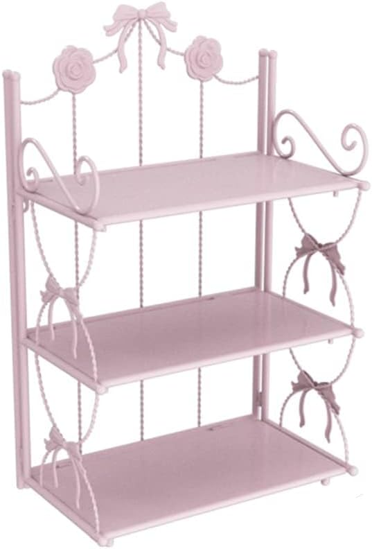 BOOMALTU Cute 3-Tier Folding Metal Shelving Bathroom Shelf,Pink Bookshelf with Bow and Flowers Decor for Storage and Display in Living Room, Bathroom, Office, Kitchen