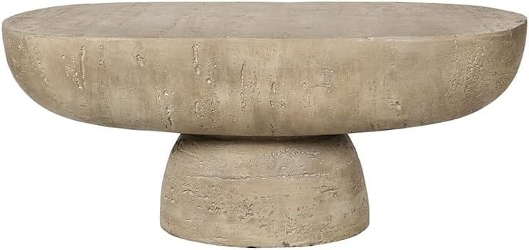 WILLIAMSPACE 36' Oval Coffee Table, Modern Faux Stone Circle Center Table Accent Travertine Tea Table for Living Room, Magnesium Oxide, Cream