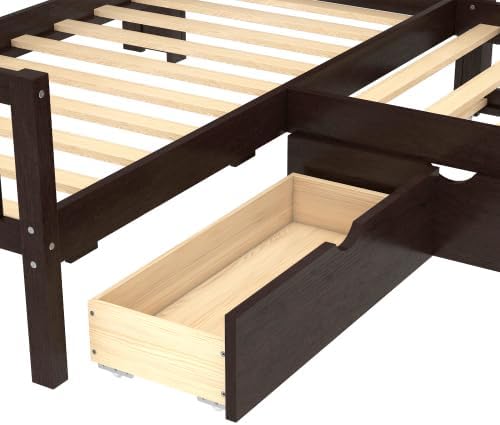 CITYLIGHT Classic L-Shaped Daybed with Trundle, Twin Size Corner Bed with Drawer & Shelves, Wooden Twin Bed Frame with Storage Headboard for 3 (Espresso)