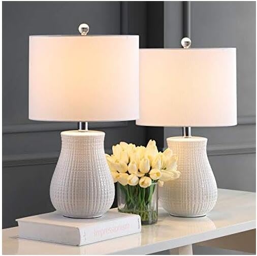 SAFAVIEH Lighting Collection – Dayton Set of 2 White Ceramic Table Lamps with Chrome Accents, 21-Inch Bedroom or Living Room Lamps, LED Bulbs Included (TBL4140A-SET2)