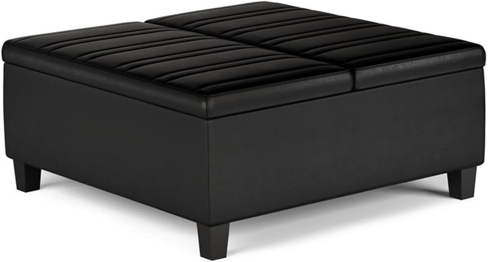 SIMPLIHOME Ellis 36 inch Wide Contemporary Square Coffee Table Storage Ottoman in Distressed Black Vegan Faux Leather, Assembled, for the Living Room and Bedroom