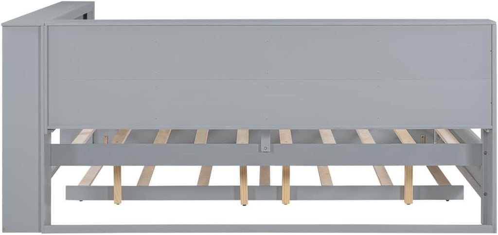 Full Size Daybed with Storage Bookcase, Twin Trundle and Charging Station, Wooden Platform Bed with Bookshelf for Kids Boys Girls, Grey