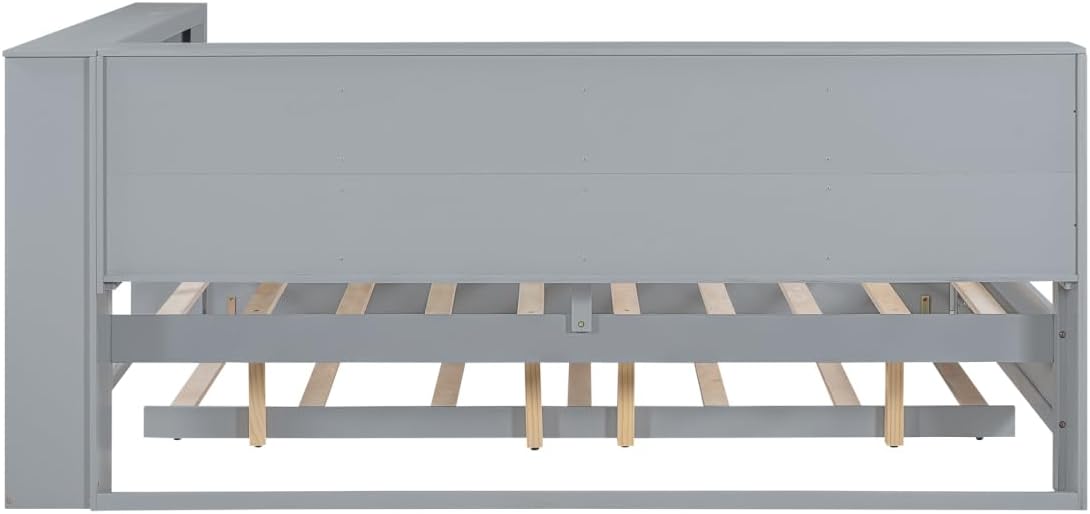 Full Size Daybed with Storage Bookcase, Twin Trundle and Charging Station, Wooden Platform Bed with Bookshelf for Kids Boys Girls, Grey