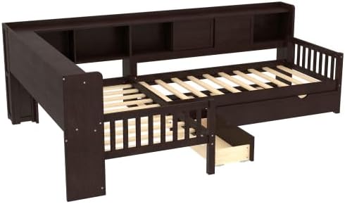 CITYLIGHT Classic L-Shaped Daybed with Trundle, Twin Size Corner Bed with Drawer & Shelves, Wooden Twin Bed Frame with Storage Headboard for 3 (Espresso)