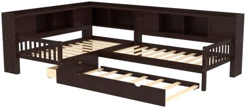 CITYLIGHT Classic L-Shaped Daybed with Trundle, Twin Size Corner Bed with Drawer & Shelves, Wooden Twin Bed Frame with Storage Headboard for 3 (Espresso)