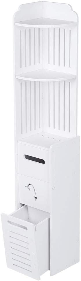Greensen Small Bathroom Storage Corner Floor Cabinet, White Standing Storage Organizer Side Cabinet Thin Toilet Vanity Cabinet with Doors and Shelf for Paper Holder Shampoo