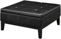 Pemberly Row Contemporary Faux Leather Storage Ottoman with Lift Top, Square Coffee Table for Living Room with Large Storage Space, Black Button Tufted Upholstered Footrest with Wood Legs