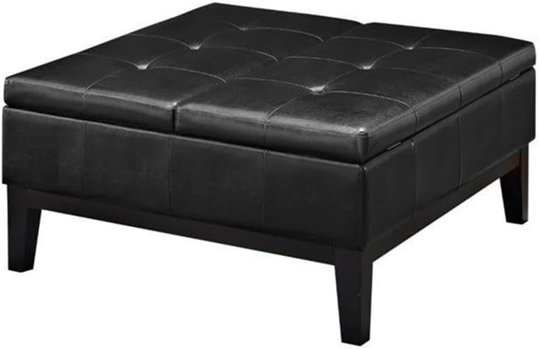 Pemberly Row Contemporary Faux Leather Storage Ottoman with Lift Top, Square Coffee Table for Living Room with Large Storage Space, Black Button Tufted Upholstered Footrest with Wood Legs