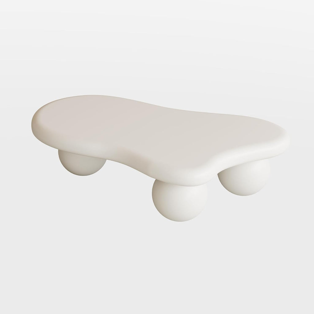 47' Cloud Coffee Table,Modern Cute End Table with Ball Legs,Small Round Edge Tea Table,Irregular Indoor Wood Coffee Table for Living Room, Bedroom, Small Space,Balcony,Patio Cream White