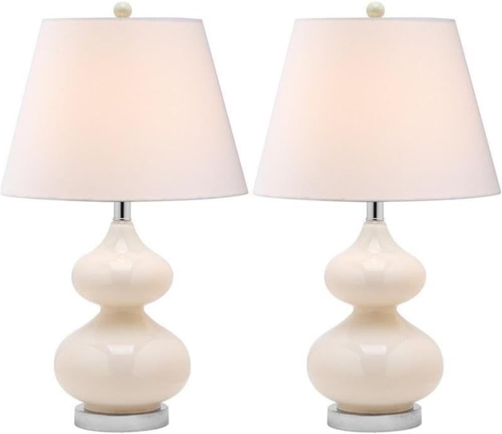 SAFAVIEH Lighting Collection Eva Modern Contemporary Pearl Double Gourd Glass 24-inch Bedroom Living Room Home Office Desk Nightstand Table Lamp Set of 2 (LED Bulbs Included)