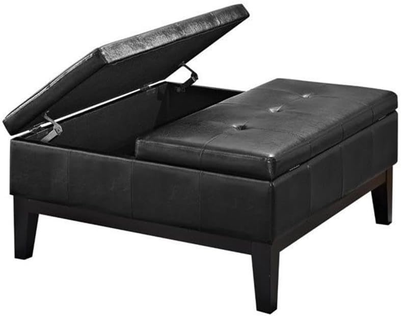 Pemberly Row Contemporary Faux Leather Storage Ottoman with Lift Top, Square Coffee Table for Living Room with Large Storage Space, Black Button Tufted Upholstered Footrest with Wood Legs