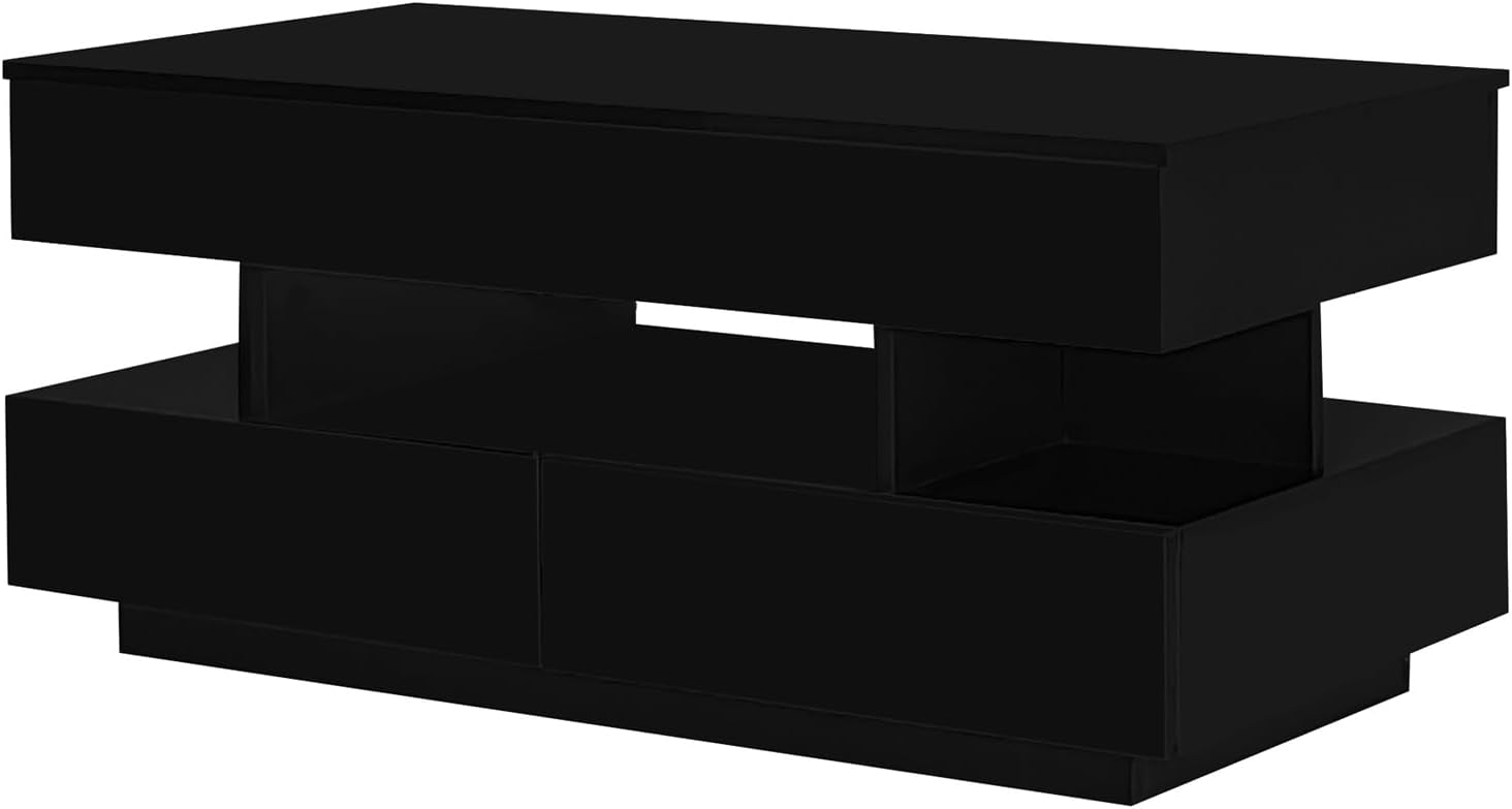 Lift Top Coffee Table, Modern Coffee Table with Hidden Compartment and Ajustable LED Light, Lift Tabletop Dining Center Table with 2 Storage Drawers for Living Room, Office (Black)
