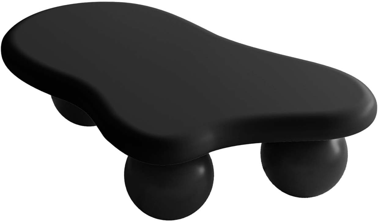 40' Black Modern Coffee Table Cloud Shape Low Center Table with 3 Ball Legs Cute Irregular Indoor Tea Table for Living Room Small Space
