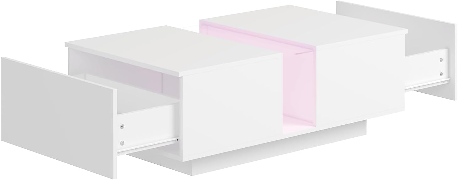 HedoAjim White Led Coffee Table for Living Room, Rectangular Living Room Table with Storage, Acrylic Coffee Tables with 2 Sliding Drawers, Wood Center Table for Reception Dinning Room