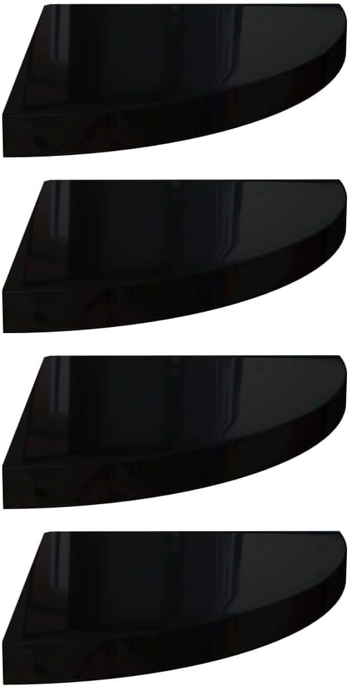 Floating Corner Shelf Set of 4 High Gloss Black 13.8 x 13.8 x 1.5 in Triangular Wall Shelves Honeycomb MDF Modern Display Space-Saving for Living Room Bedroom Office