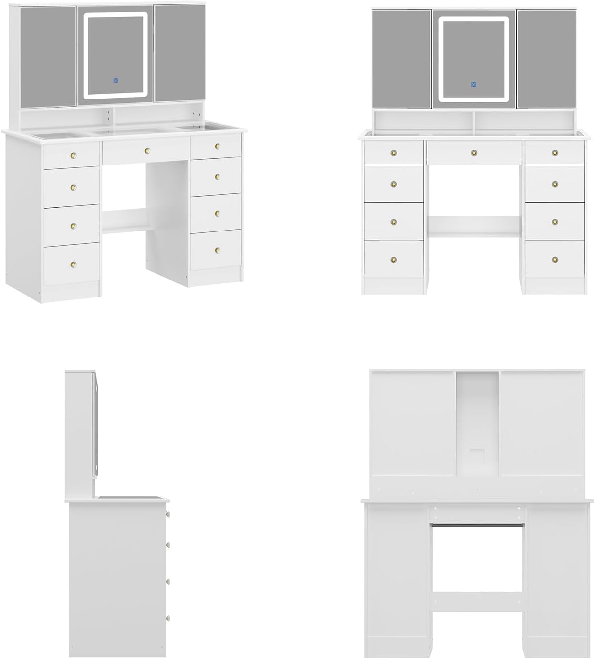 Timechee Vanity Mirror with Lights, Corner Vanity Desk with 9 Storage Drawers, 4 Large Shelves, 3 Color Lighting Options, Vanity Mirror Desk, Makeup Vanity Set for Bedroom,Glass Tabletop, White