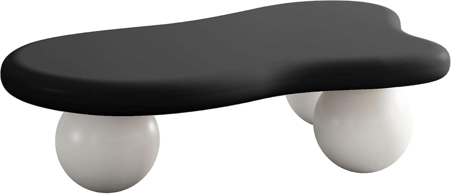 40' Cloud Coffee Table for Living Room Irregular Coffee Table Modern Low Coffee Tables Abstract Faux Stone Cute Center Table with 3 Ball Legs for Small Space Apartment (Black & White)