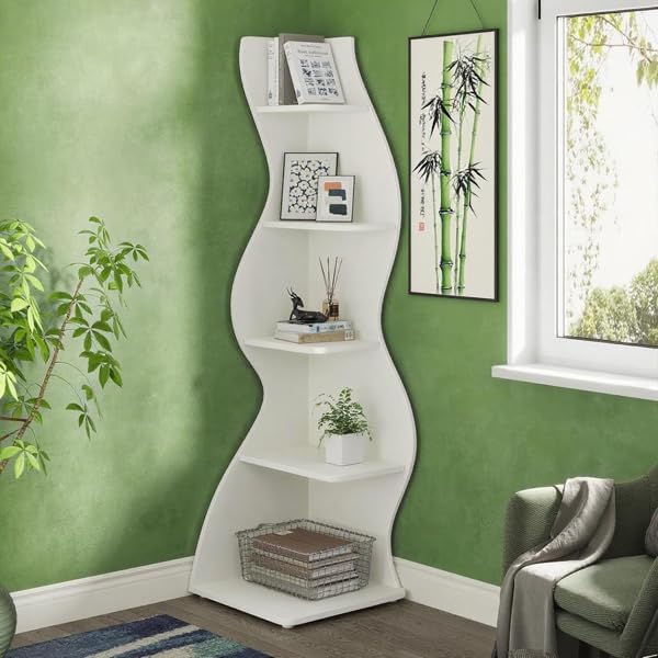 Storage Shelves Unit 5-Tier Shelf, Corner Shelving for Bedroom, Freestanding Decorative Ladder Etagere Organizer, Narrow Bookshelf, Bathroom Storage, Decorative Etagere for Plant Stand (White)