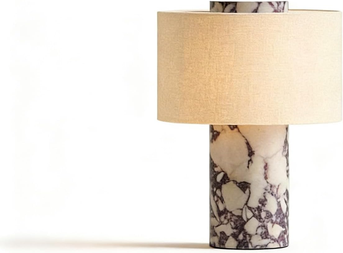 Marble Luxury Stone Rechargeable Touch Table Lamp, Cylindrical Shape, Linen Cloth Fiber Lampshade, High-End and Light Luxury, Bedroom Bedside Table Night Light, Black and White